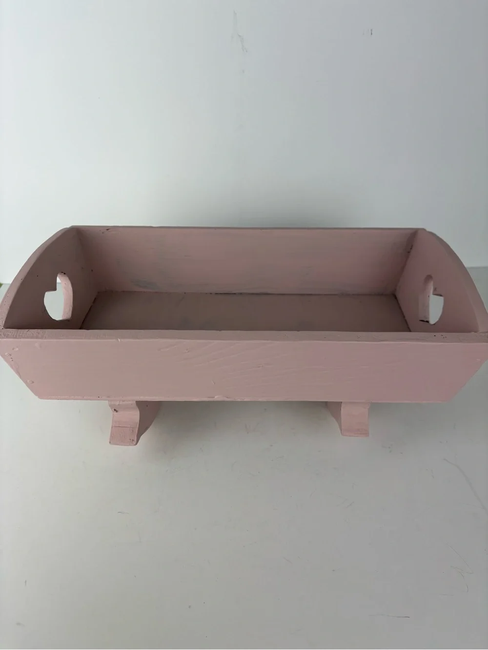 Small Wooden Doll Cradle-Pink Rose Color-Heart Cutout-Vintage